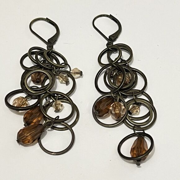 Bronze 2.5”  Dangle Tear Drop Beaded Circle Earrings Brown Metal Boho Casual - Picture 1 of 3